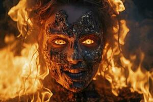 ai generado un mujer con un fuego en su cara es mostrado con un cara en el primer plano foto