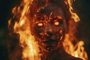 AI generated A woman with a fire on her face is shown with a face in the foreground photo