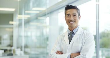 ai generado retrato de maduro masculino médico vistiendo blanco Saco en pie en hospital laboratorio foto