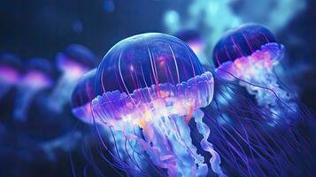 AI generated Beautiful color of jellyfish in underwater in the dark blue ocean water photo
