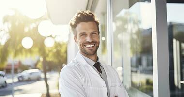 AI generated Portrait of mature male doctor wearing white coat standing in hospital lab photo