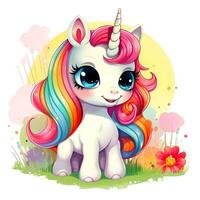 AI generated Cute rainbow unicorn. Sticker Clipart. AI generated. photo