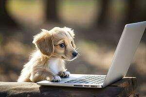 ai generado linda perro trabajando en el ordenador portátil computadora en al aire libre antecedentes foto