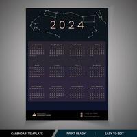 One Page Wall Calendar 2024 Print Ready template with zodiac signs vector design