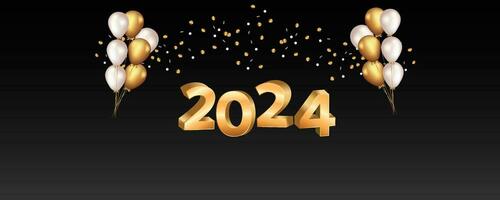 Golden 3D text effect 2024 New Year banner background With celebration balloons Design vector