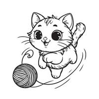 juguetón gato persiguiendo un hilo pelota con un dañoso expresión para el colorante libro página vector