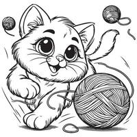 juguetón gato persiguiendo un hilo pelota con un dañoso expresión para el colorante libro página vector