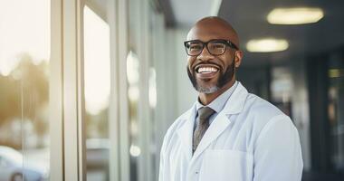 AI generated Portrait of mature male doctor wearing white coat standing in hospital lab photo