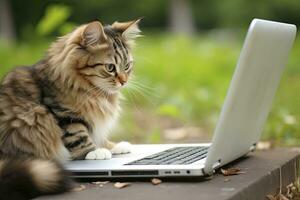 AI generated Little kitty working on the laptop in outdoor background photo