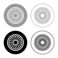 Turbine airplane turbomachine jet engine aircraft motor fan plane set icon grey black color vector illustration image solid fill outline contour line thin flat style