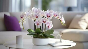 AI generated A close up of orchid flower on a table in a luxurious room photo