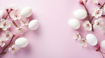 AI generated Colorful Easter eggs with cherry blossoms flat lay on pink background photo