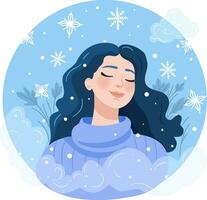 un niña en un acogedor de punto suéter disfrutando el nieve. invierno humor. que cae copos de nieve. Hola invierno. vector ilustración en dibujos animados estilo.