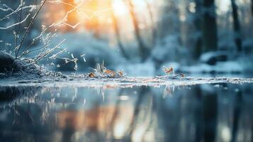 Frosty trees and a woodland with the light shining on them are featured in this 3D landscape image of ice, Generative AI. photo