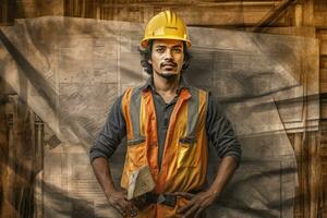 AI generated a construction worker dressed in an orange safety vest, holding a blueprint and posing confidently in front of a backdrop of a construction site. He is standing in the spotlight, showcasing the plan and his role in the project. photo