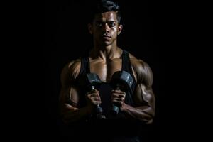 AI generated A stock photo showcasing a young man flexing his muscles while holding a pair of heavyweight dumbbells. His muscular build and determined expression emphasize his strength and dedication to his fitness routine.