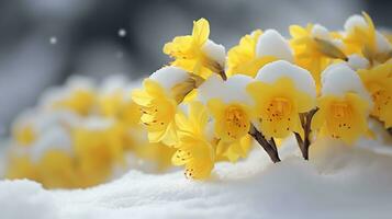 Yellow corcus flower on snow representing spring is coming, Generative AI. photo