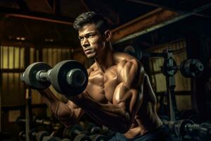AI generated A muscular man in the gym is lifting a heavy barbell with both hands, putting in a significant amount of effort to complete the lift. He is likely working on building strength and muscle mass. photo