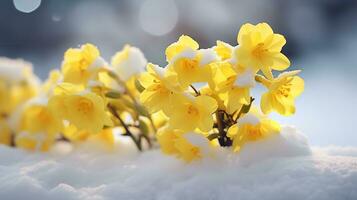 Yellow corcus flower on snow representing spring is coming, Generative AI. photo