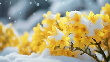 Yellow corcus flower on snow representing spring is coming, Generative AI. photo