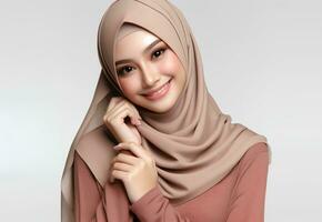 AI generated beautiful asian Muslimah with a hijab smiling in an isolated background photo