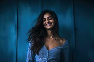 ai generado hermosa joven mujer con largo pelo posando en frente de un azul pared foto