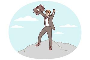 Confident business man standing on mountain raising hands up joy of career success. Vector image