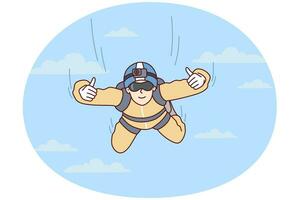 Man skydiver hangs in sky and shows two hands thumbs up after jumping from airplane. Flat image vector