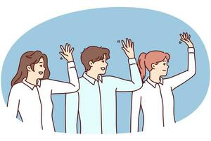 Cheerful man and women in office clothes standing in row showing hello gesture. Vector image