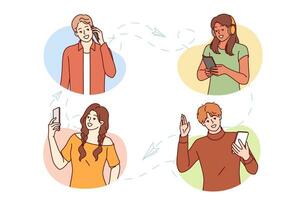 personas utilizar móvil Los telefonos a hacer llamadas y intercambiar mensajes o vídeo comunicaciones vía mensajeros vector