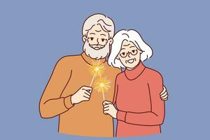 Happy pensioners with sparklers symbolizing christmas stand in embrace together celebrating new year vector
