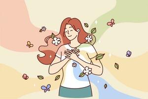 Happy woman puts hands on chest standing among flying butterflies and petals symbolizing spring mood vector