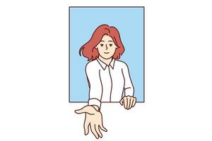 Woman extends hand and says follow me, looking out of window to provide support or free help vector