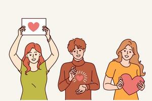 Hearts in people hands showing symbol gratitude and charity, calling for people to become volunteers vector