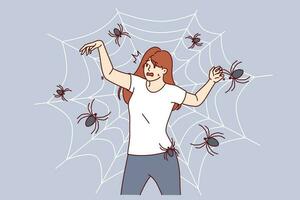 Woman with fear spiders is terrified being entangled in cobweb and needs treatment for arachnophobia vector