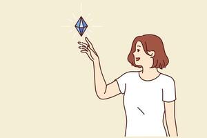 mujer ve diamante flotante en aire y quiere a toque precioso piedra, simbolizando prosperidad vector