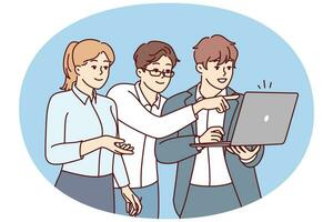 Woman and two men startup employees dressed in business style stand with laptop. Vector image