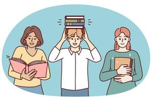 Man and women students with books from library preparing for exams in university. Vector image