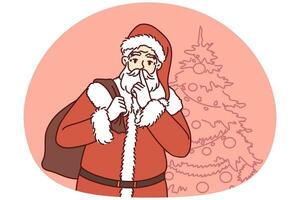 Papa Noel claus con bolso de regalos llegó a felicitar niños en Navidad vacaciones. vector imagen