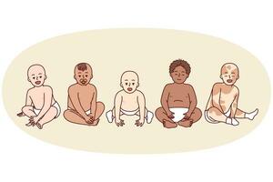 Diverse babies in diapers of different races and nationalities sit side by side. Vector image