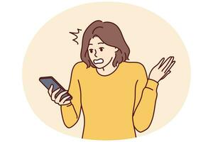 Puzzled woman holding phone and reading unpleasant SMS from bank makes wave of hand. Vector image