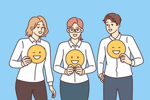 Business people in office clothes show positive emoji symbolizing successful teamwork on project vector