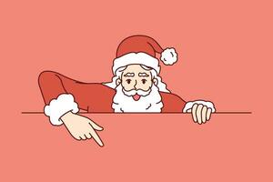 Christmas santa claus points finger at blank banner inviting to celebrate new year holidays together vector