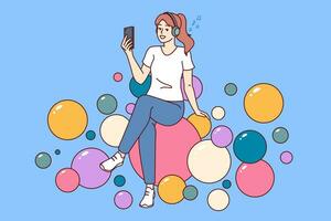 adolescente mujer escuchando a música en auriculares y participación móvil teléfono sentado en globos vector