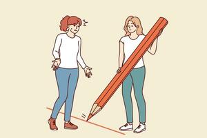 Woman draws boundary and prohibits crossing it, using large pencil to draw red line vector