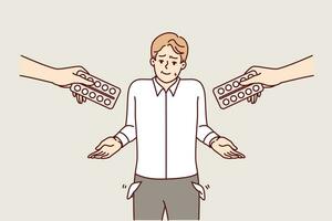 Poor man cannot buy medications and shows empty pockets, standing among hands with blisters of pills vector