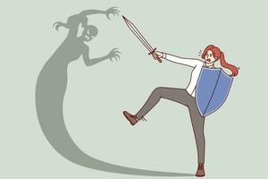 Woman fights with own shadow, holding shield and sword for concept of overcomes internal fears vector