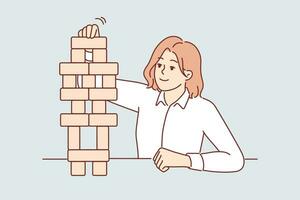 negocio mujer construye torre de de madera cubitos, simbolizando sostenible negocio estrategia vector