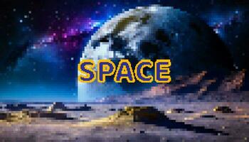 Space background in pixel art style. Vector illustration of the surface of the moon, close-up planet, stars, space.