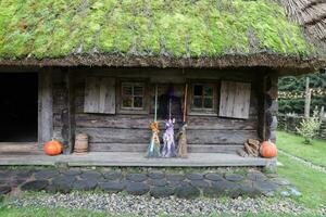 Three different brooms of witches stand at the old wooden hut house photo